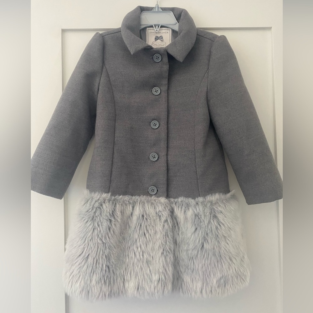 Janie and Jack Gray Wool Peacoat with Faux Fur Trim, Size 3